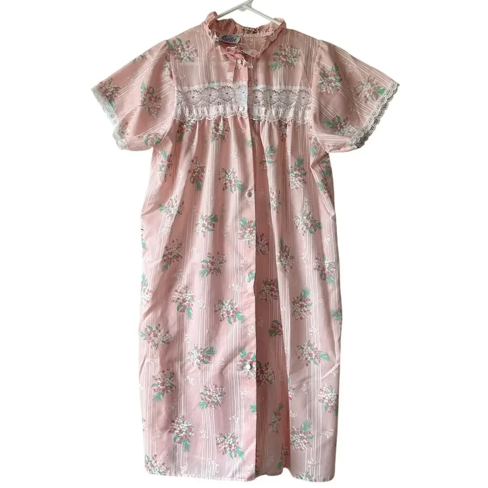 Vintage Ballet New York Pink Floral Nightgown Lace Yoke Short Sleeve Cottagecore - Picture 2 of 10
